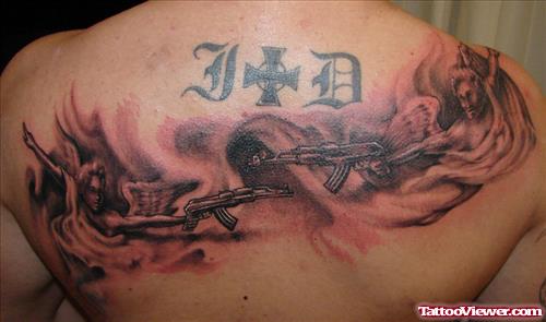Angels With Gun Tattoo On Upperback