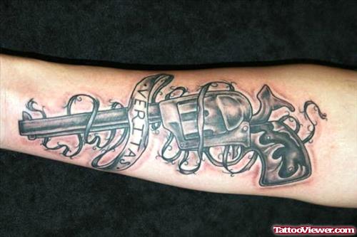 Veritas Banner Gun Tattoo On Arm