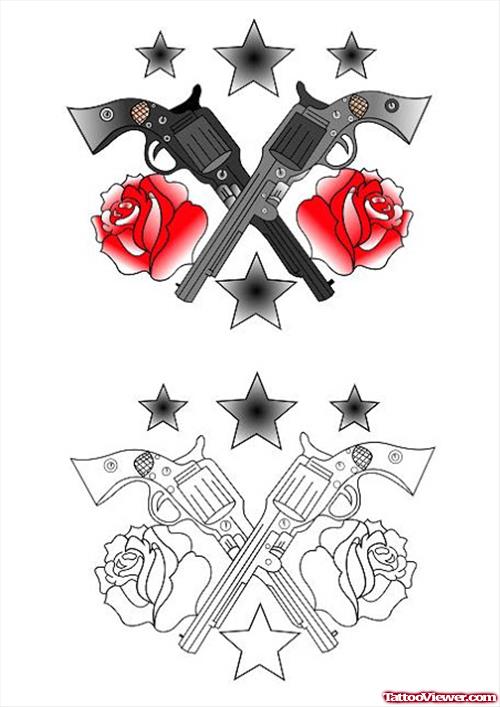 Red Rose Flowers And Gun Tattoo Design