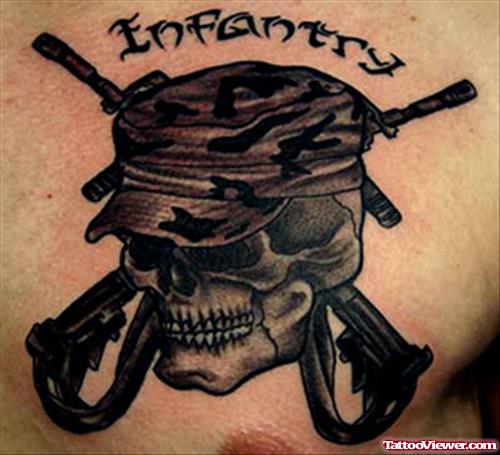 Grey Ink Skull And Infantry Guns Tattoo