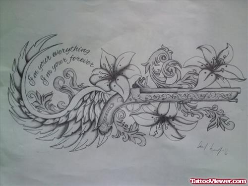 Flowers And Winged Gun Tattoo Design