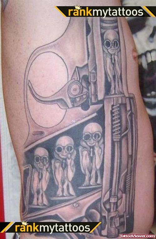 Awesome Grey Ink Gun Tattoo On Side Rib