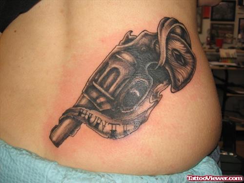 Grey Ink Vanessa Gun Tattoo On Side Rib