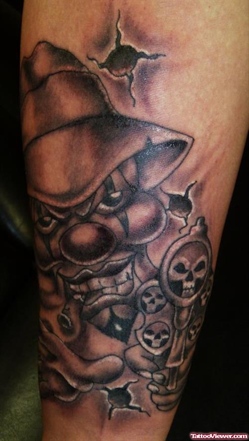 Grey Ink Joker Tattoo On Sleeve