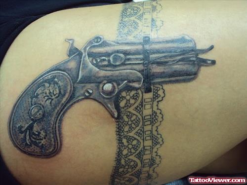 Fine Gun Tattoo On Thigh