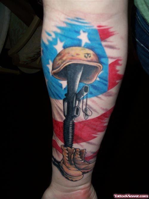 Colored Army Flag And Gun Tattoo On Arm