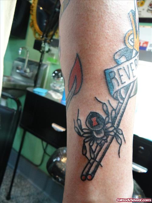 Spider With Gun Tattoo On Sleeve