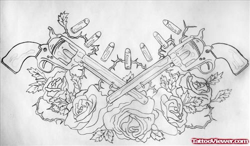 Rose Flowers And Gun Tattoos Designs