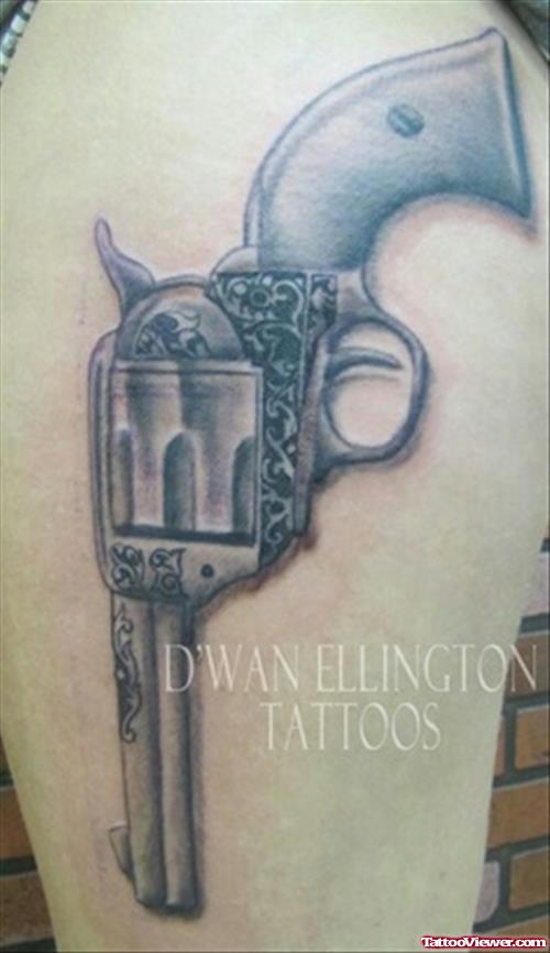 Grey Ink Gun Tattoo On Half Sleeve