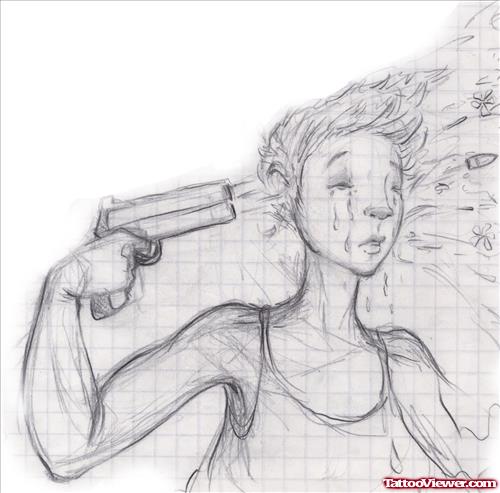 Girl Shooting Head With Gun Tattoo Design