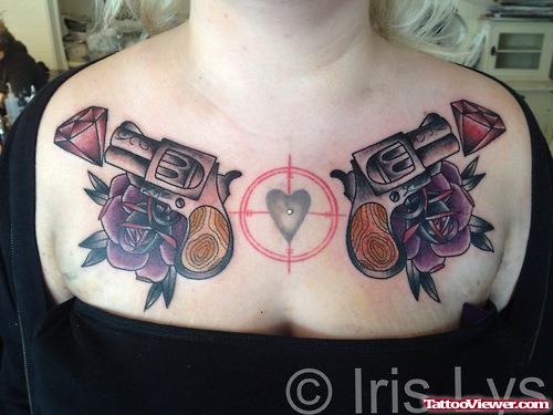 Amazing Colored Gun Tattoos On Girl Collarbones