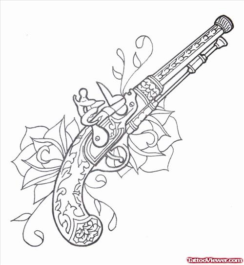 Outline Rose Flowers And Gun Tattoo Design