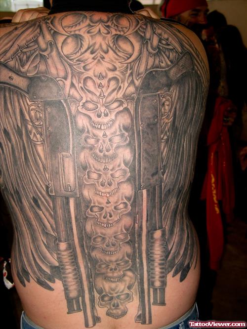 Grey Ink Winged Guns Tattoos On Back Body