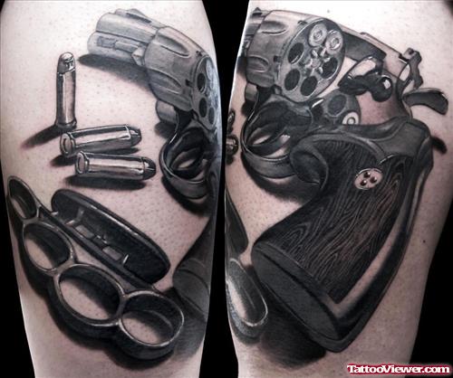 Dark Ink Knuckles And Gun Tattoo