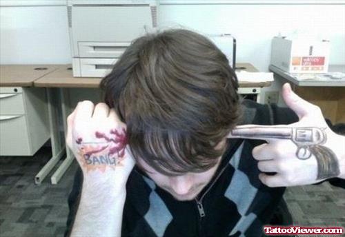 Creative Gun Shoot Tattoo On Hands