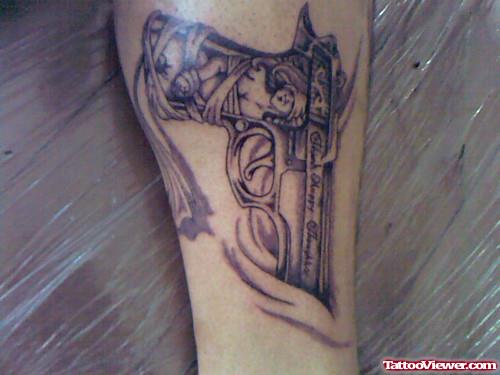 Grey Ink Old Gun Tattoo