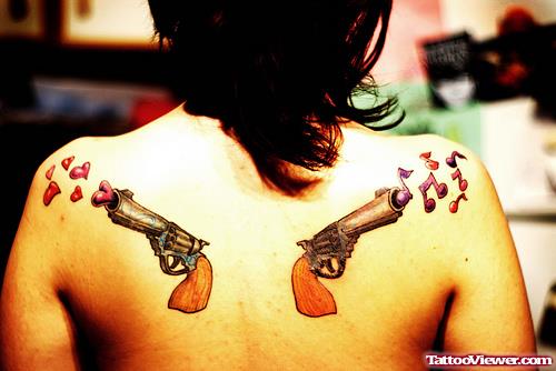 Color Gun Tattoos On Back Shoulders