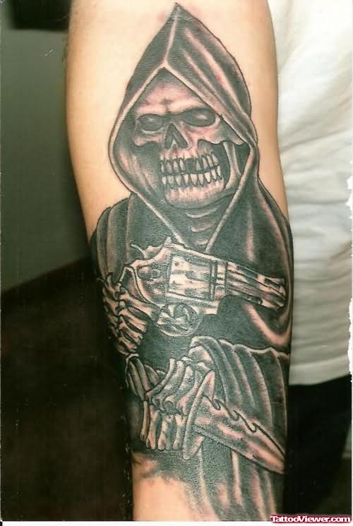 Black Ink Skeleton With Gun Tattoo On Right Arm