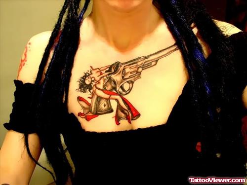 Amazing Gun Tattoo On Chest