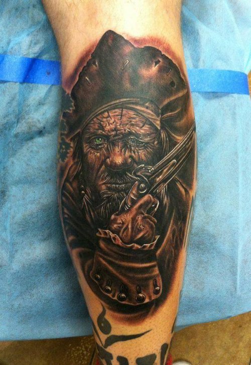 Dark Ink Gun Tattoo On Leg