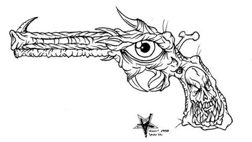 Grey Ink Eye Gun Tattoo Design