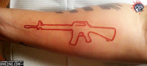 Red Ink Outline Gun Tattoo