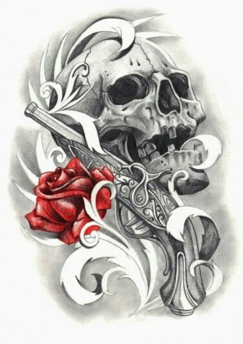 Red Rose And Skull And Gun Tattoo Design
