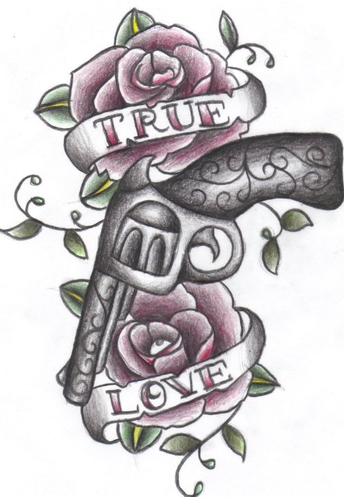 Rose Flowers And Gun With True Love Banner Tattoo Design