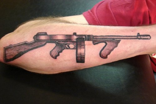 Right Arm Grey Ink Gun Tattoo For Men