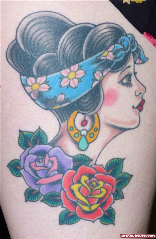Red And Purple Flower With Gypsy Tattoo