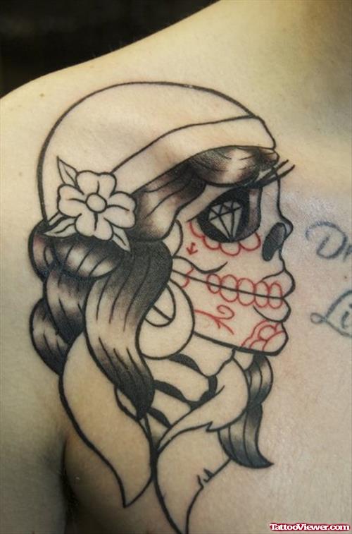 Gypsy Sugar Skull Tattoo On Collarbone
