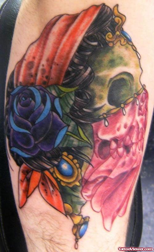 Gypsy Skull With Blue Rose And Bandana Tattoo