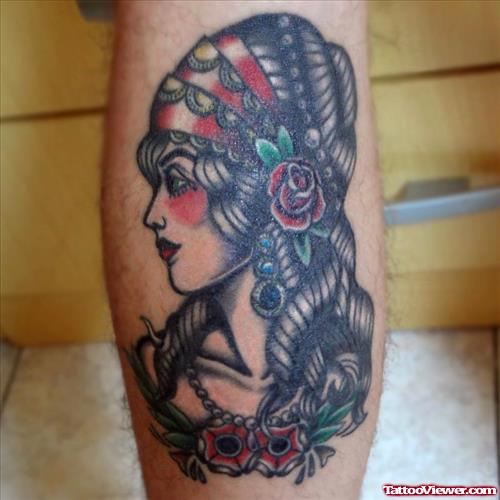 Gypsy Head Tattoo On Leg