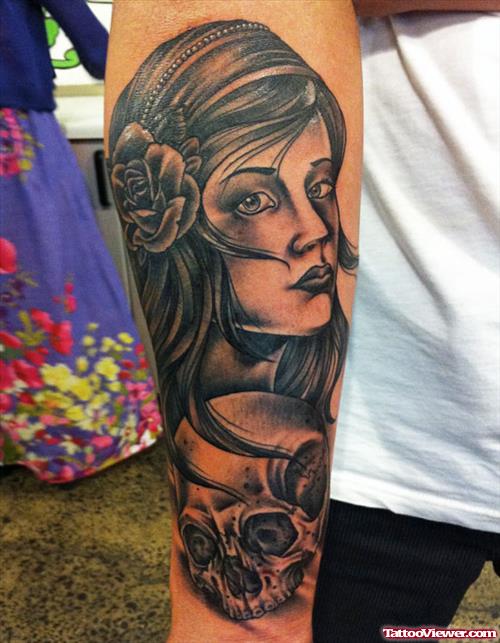Grey Ink Skull And Gypsy Tattoo