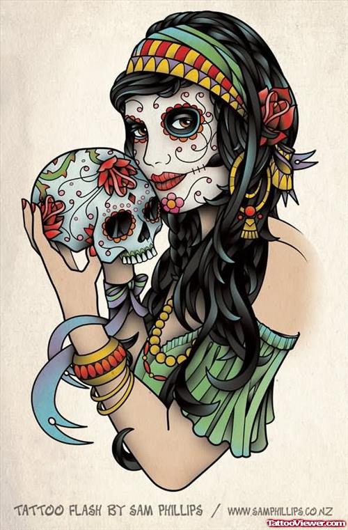 Awesome Skull And Gypsy Head Tattoo Design