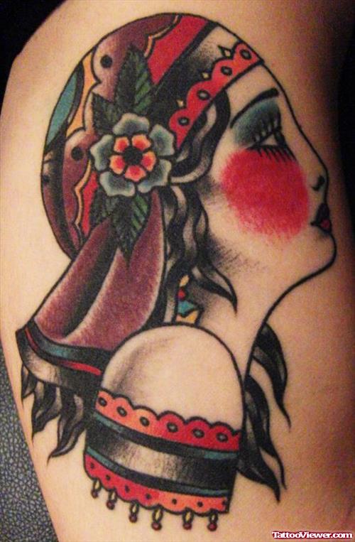Awesome Colored Shy Gypsy Head Tattoo