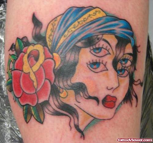 Amazing Red Flower And Gypsy Head Tattoo