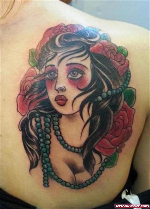 Red Rose Flowers And Gypsy Tattoo On Right Back Shoulder