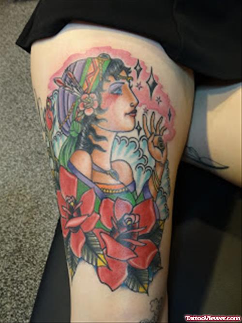 Red Flowers and Gypsy Tattoo On Right Thigh