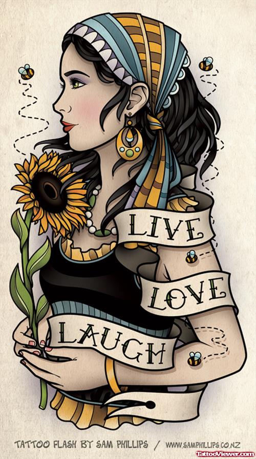Live Love Laugh Banner And Gypsy Tattoo Design