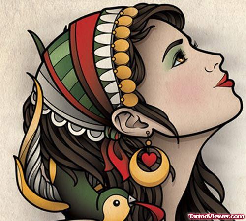 Gypsy Girl Head Tattoo Design
