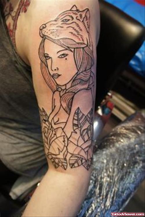 Grey Ink Gypsy Tattoo On Left Half Sleeve