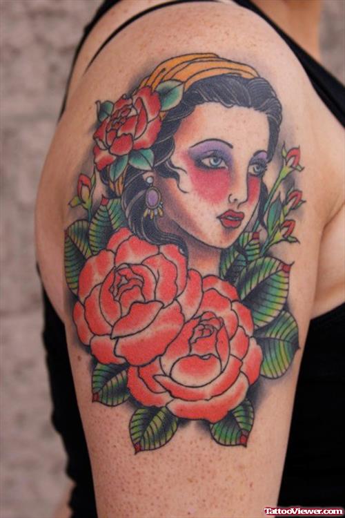 Flowers And Gypsy Head Tattoo On Right Shoulder