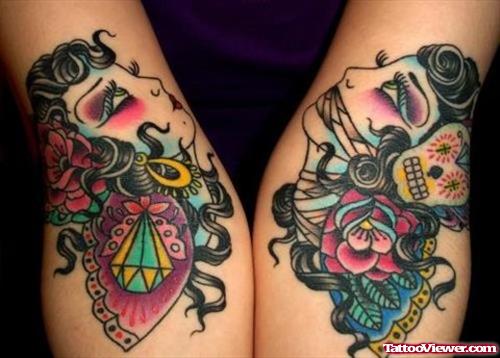 Diamond And Flowers With Gypsy Head Tattoos On Both Sleeve
