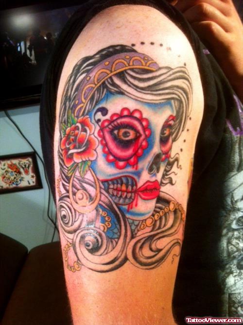 Colored Gypsy Skull Tattoo On Right Half Sleeve