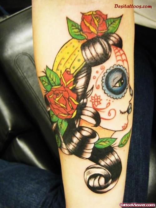 Colored Gypsy Dia De Los Muertos Tattoo On Sleeve