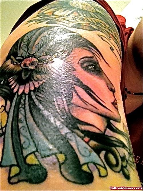Color Gypsy Head Tattoo On Right Sleeve