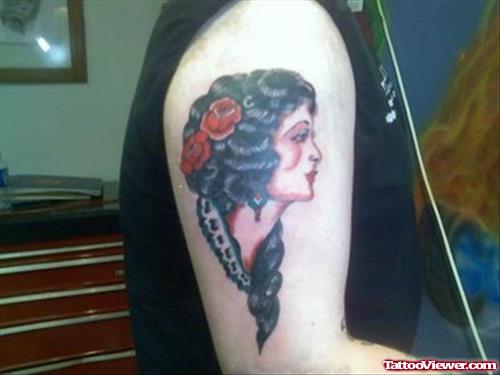 Color Gypsy Head Tattoo On Right Bicep