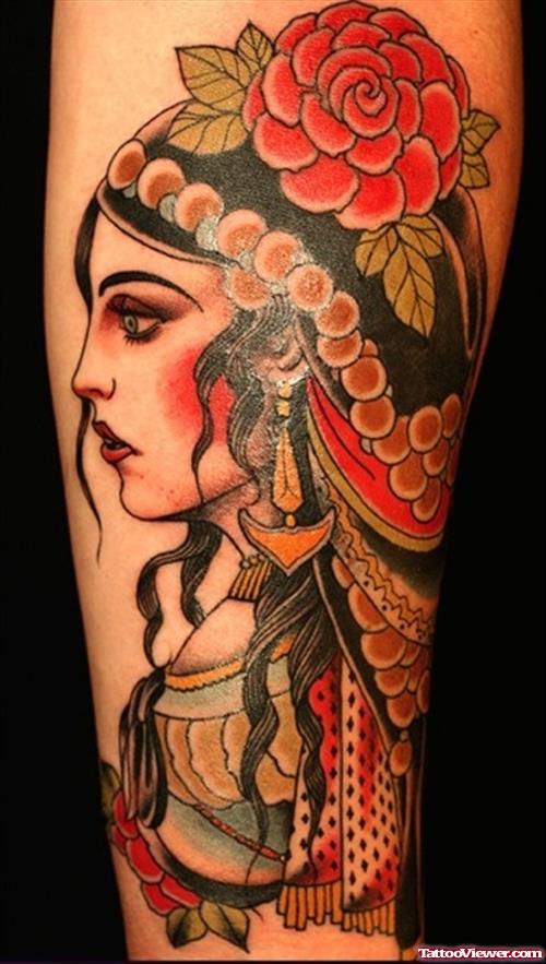 Color Gypsy and Red Flower Tattoo