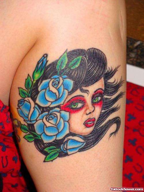 Blue Rose Flowers And Gypsy Tattoo On Leg